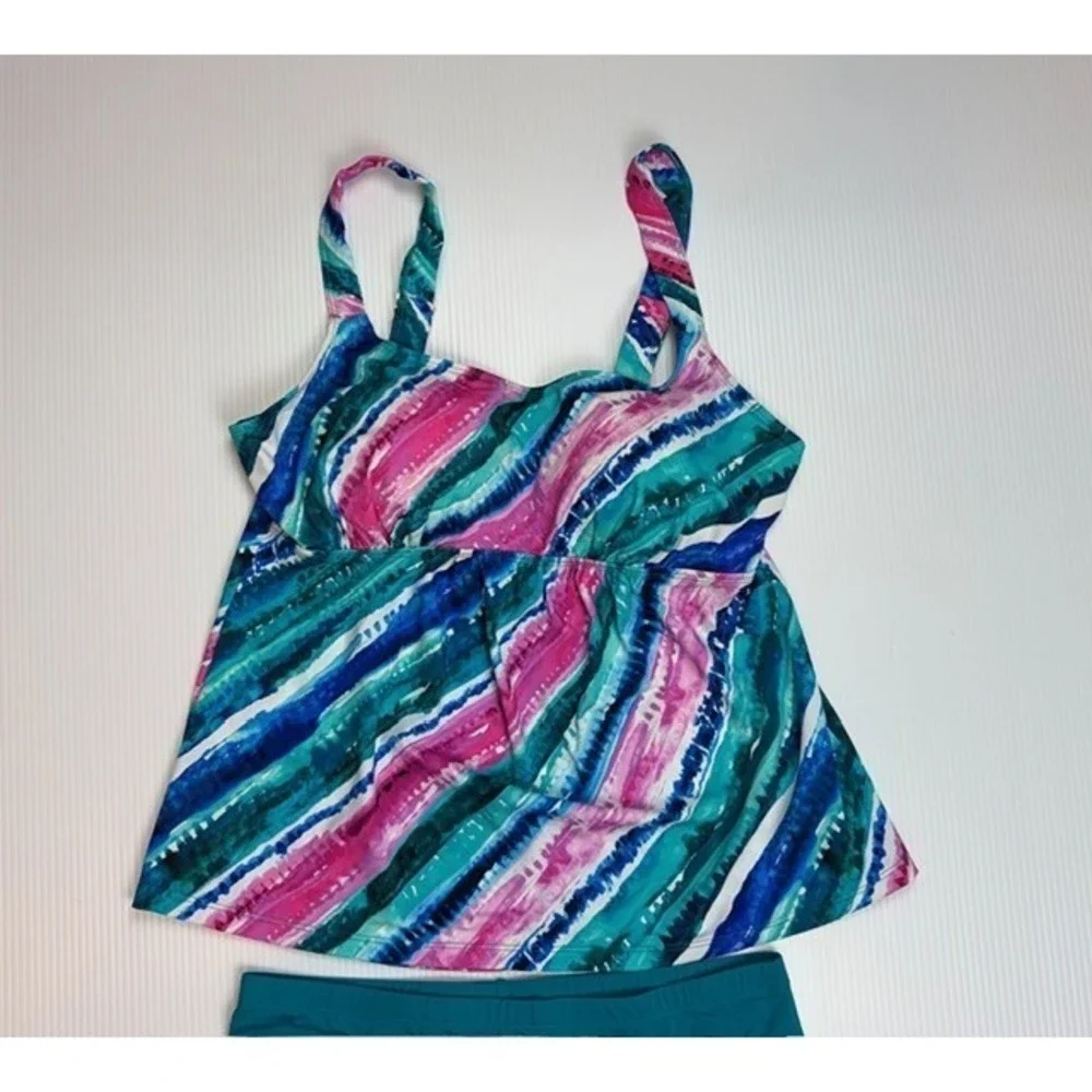 Kim Gravel x Swimsuits For All 2PC Tankini 12 Abstract Stripe‎ Swim Shorts Retro